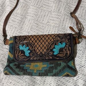 Myra Bag Floral Embroidered Crossbody - Brown and Blue